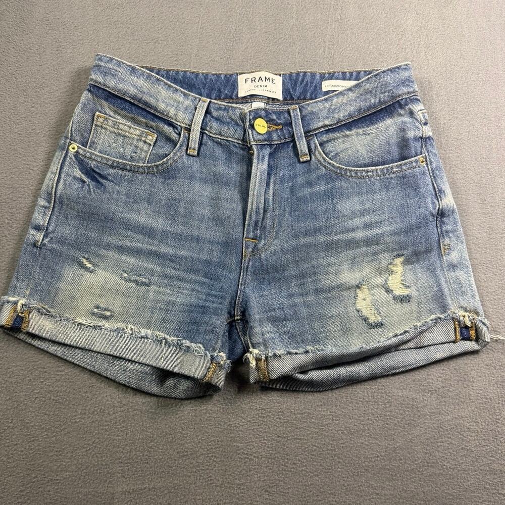 Frame Le Grand Garcon Denim Shorts Womens 24 Distressed Rolled‎ Frayed Blue Jean